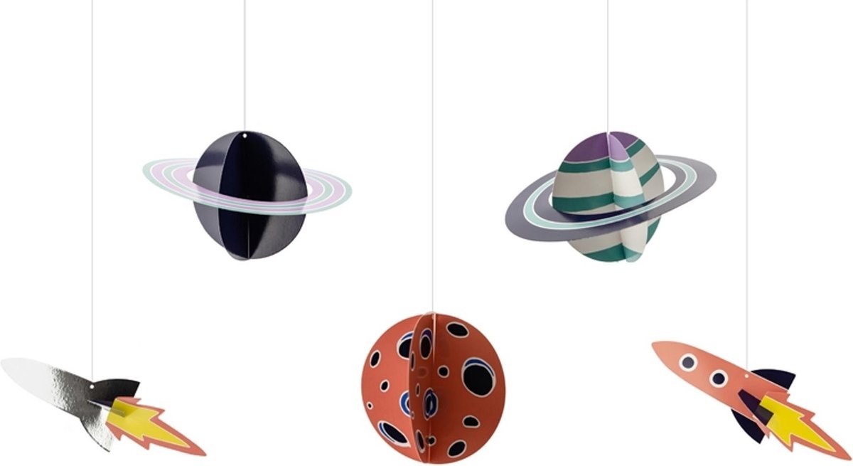 PARTYDECO - 5 kartonnen space adventure hang decoraties - Decoratie > Slingers en hangdecoraties